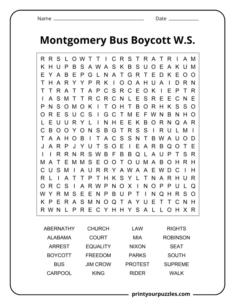 Hard Montgomery Bus Boycott word search printable with 24 civil rights terms in a challenging 20×20 grid.