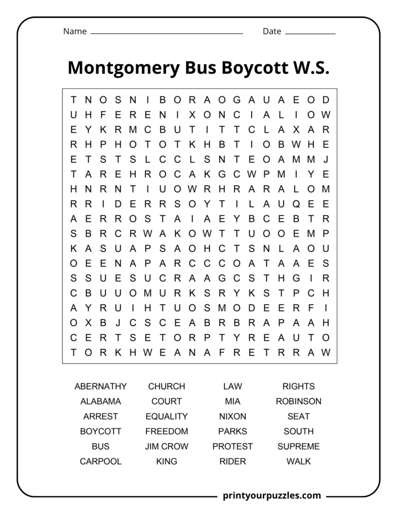 Medium Montgomery Bus Boycott word search printable with 24 civil rights terms in an accessible 18×18 grid.