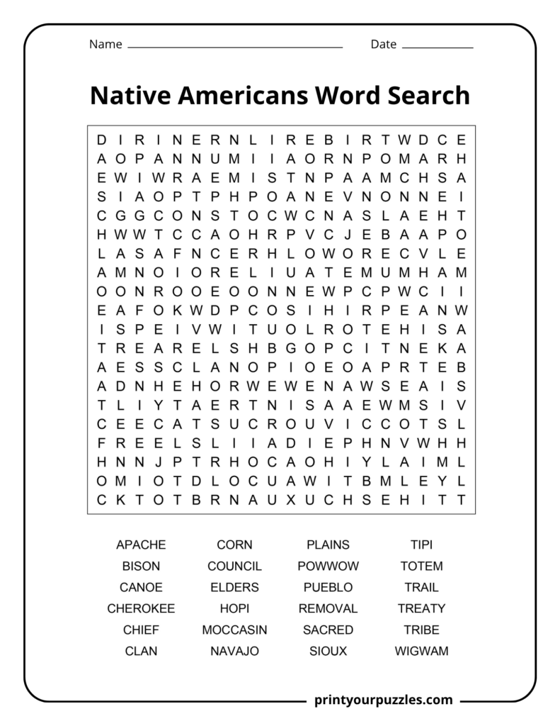Hard Native Americans word search printable with 24 culture and history terms in a challenging 20×20 grid.