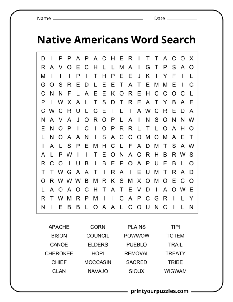 Medium Native Americans word search printable with 24 culture and history terms in an accessible 18×18 grid.
