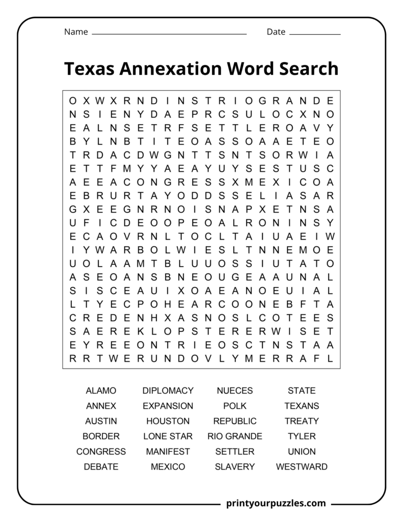 Hard Texas Annexation word search printable with 24 U.S. history terms in a challenging 20×20 grid.