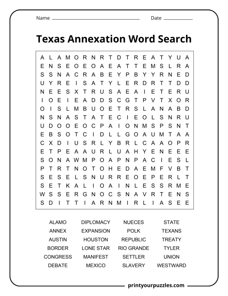 Medium Texas Annexation word search printable with 24 U.S. history terms in an accessible 18×18 grid.