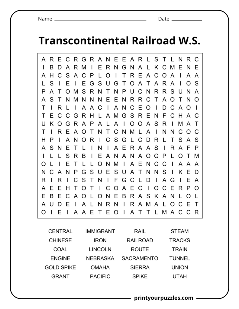 Hard Transcontinental Railroad word search printable with 24 U.S. history and railroad terms in a 20×20 grid.