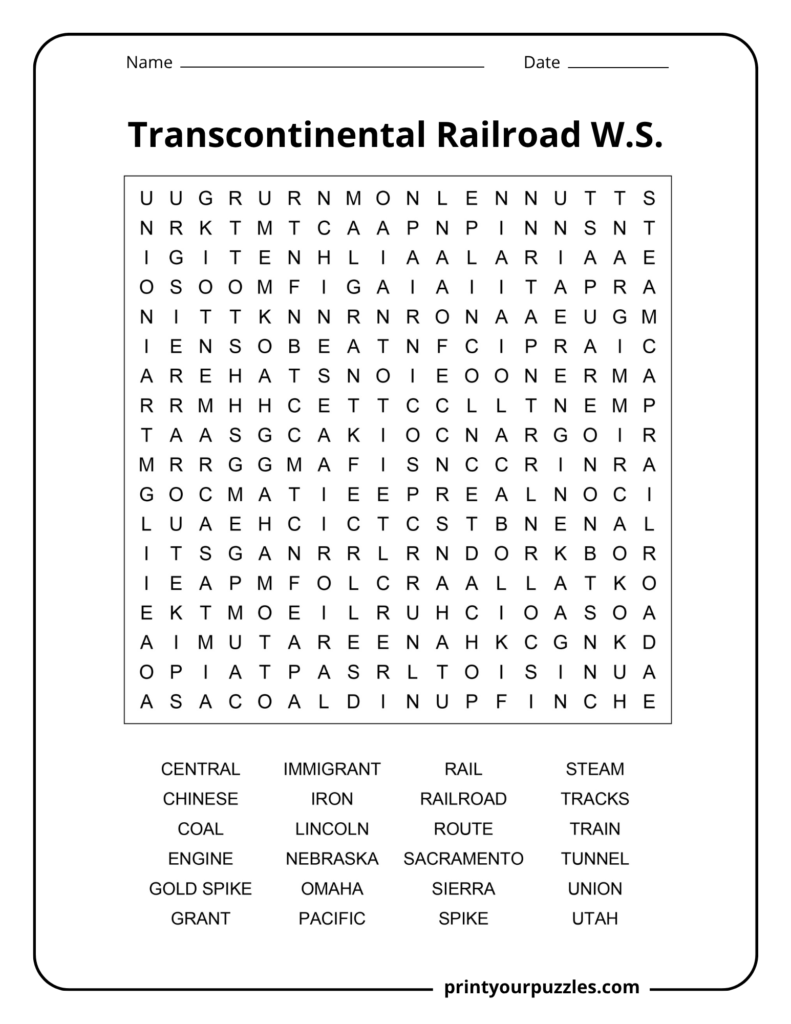 Medium Transcontinental Railroad word search printable with 24 U.S. history and railroad terms in an 18×18 grid.