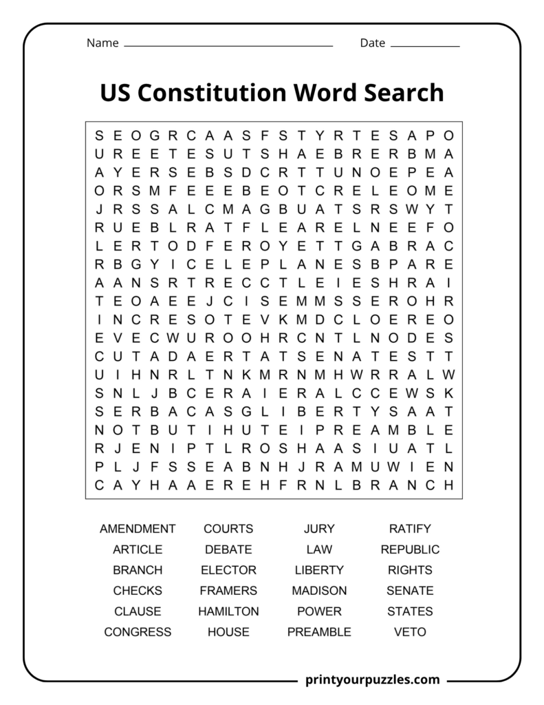 Hard US Constitution word search printable with 24 government and civics terms in a challenging 20×20 grid.