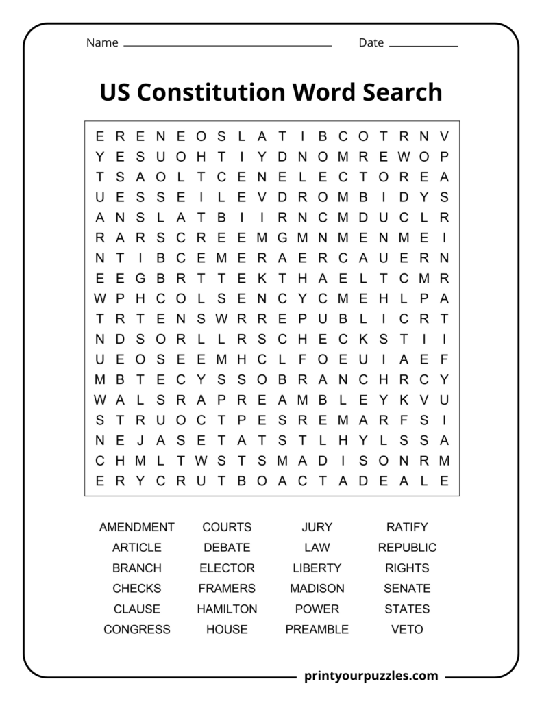 Medium US Constitution word search printable with 24 government and civics terms in an accessible 18×18 grid.