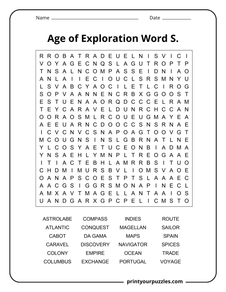 Hard Age of Exploration word search printable with 24 history and navigation terms in a challenging 20×20 grid.
