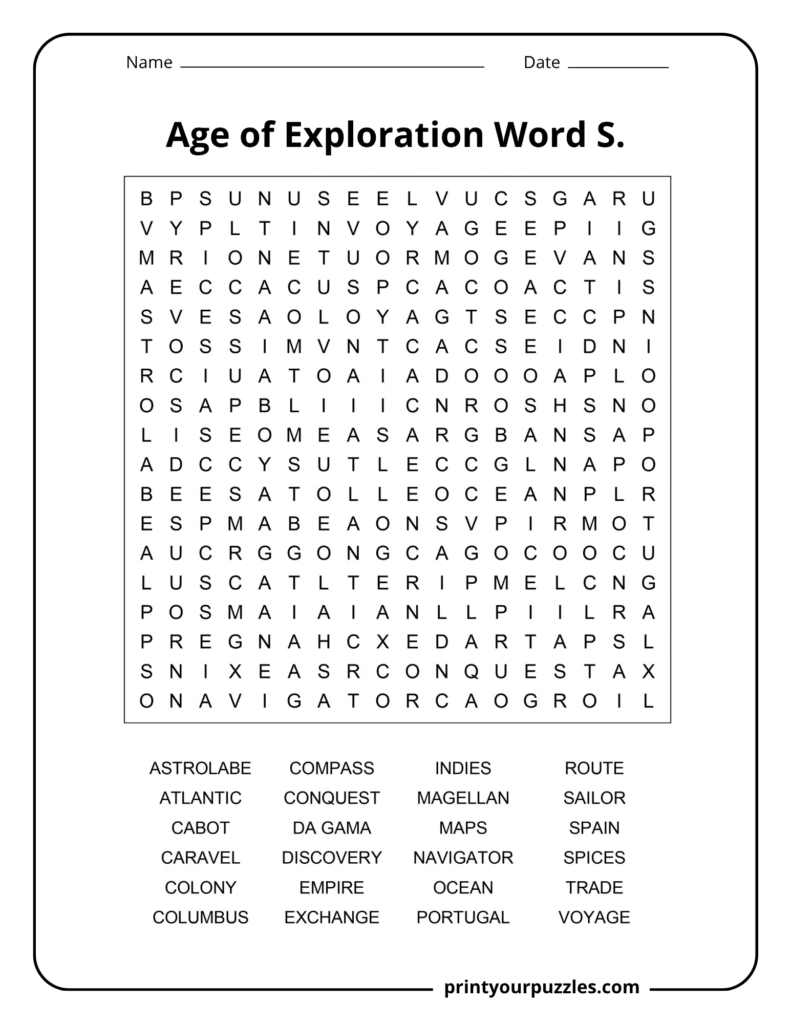 Medium Age of Exploration word search printable with 24 history and navigation terms in an accessible 18×18 grid.