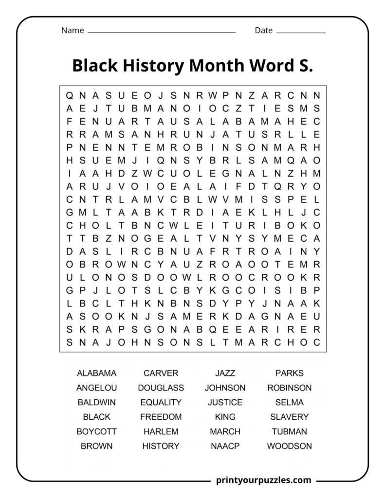 Hard Black History Month word search printable with 24 civil rights and history terms in a 20×20 grid.