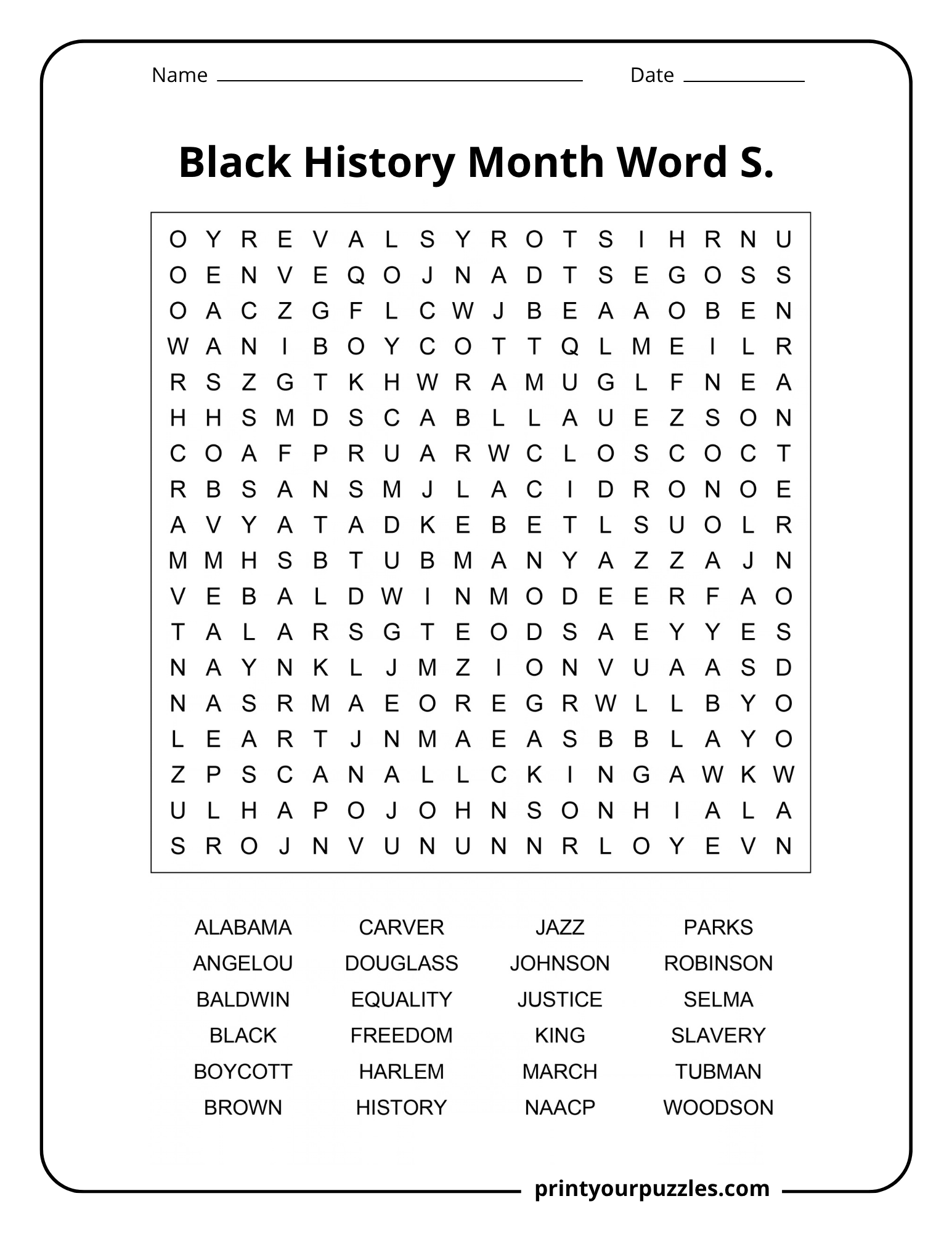 Medium Black History Month word search printable with 24 civil rights and history terms in an 18×18 grid.