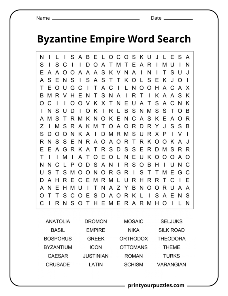 Hard Byzantine Empire word search printable with 24 history terms in a challenging 20×20 letter grid.