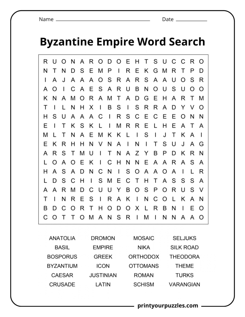 Medium Byzantine Empire word search printable with 24 history terms in an accessible 18×18 letter grid.