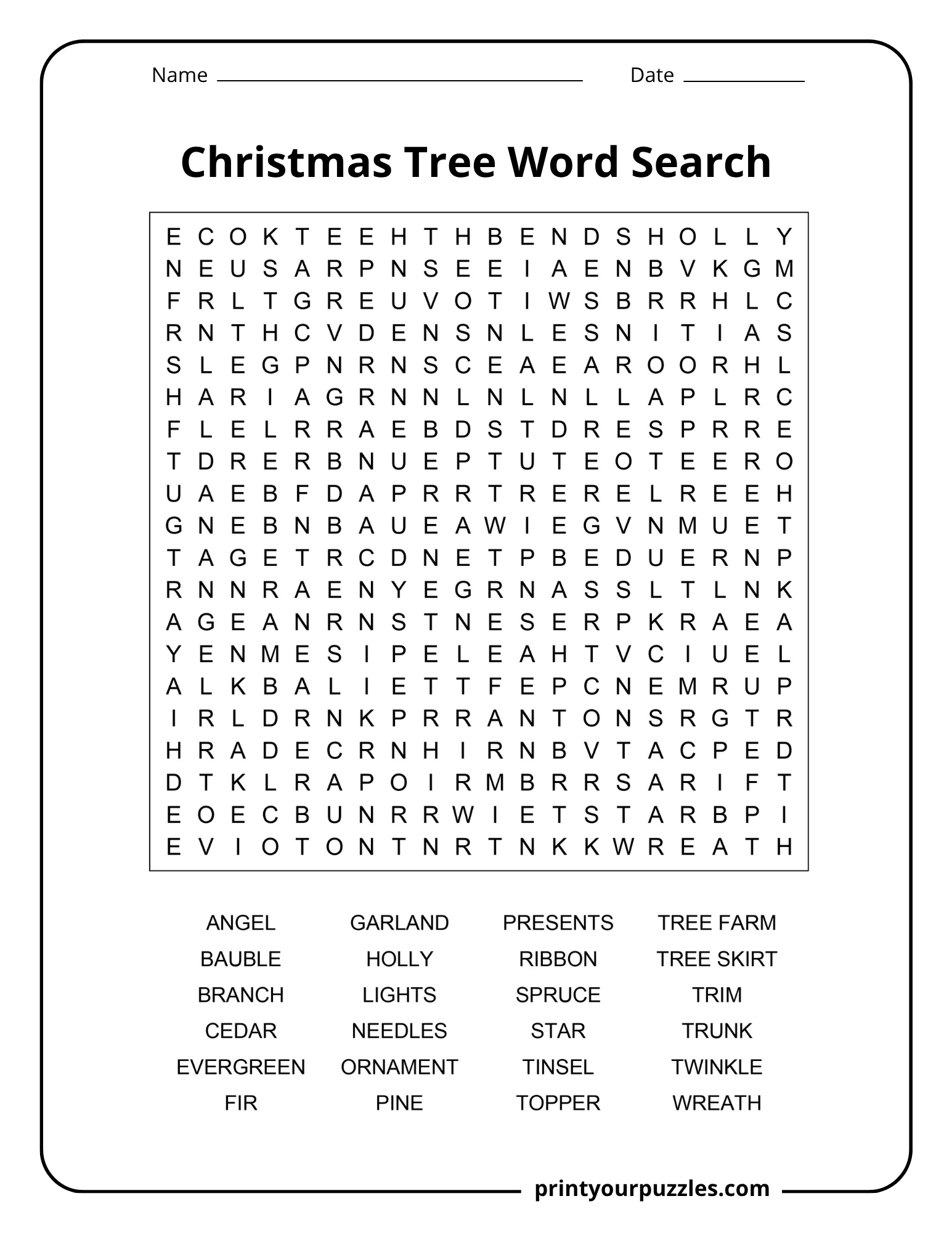 Christmas Tree Word Search | Print Your Puzzles