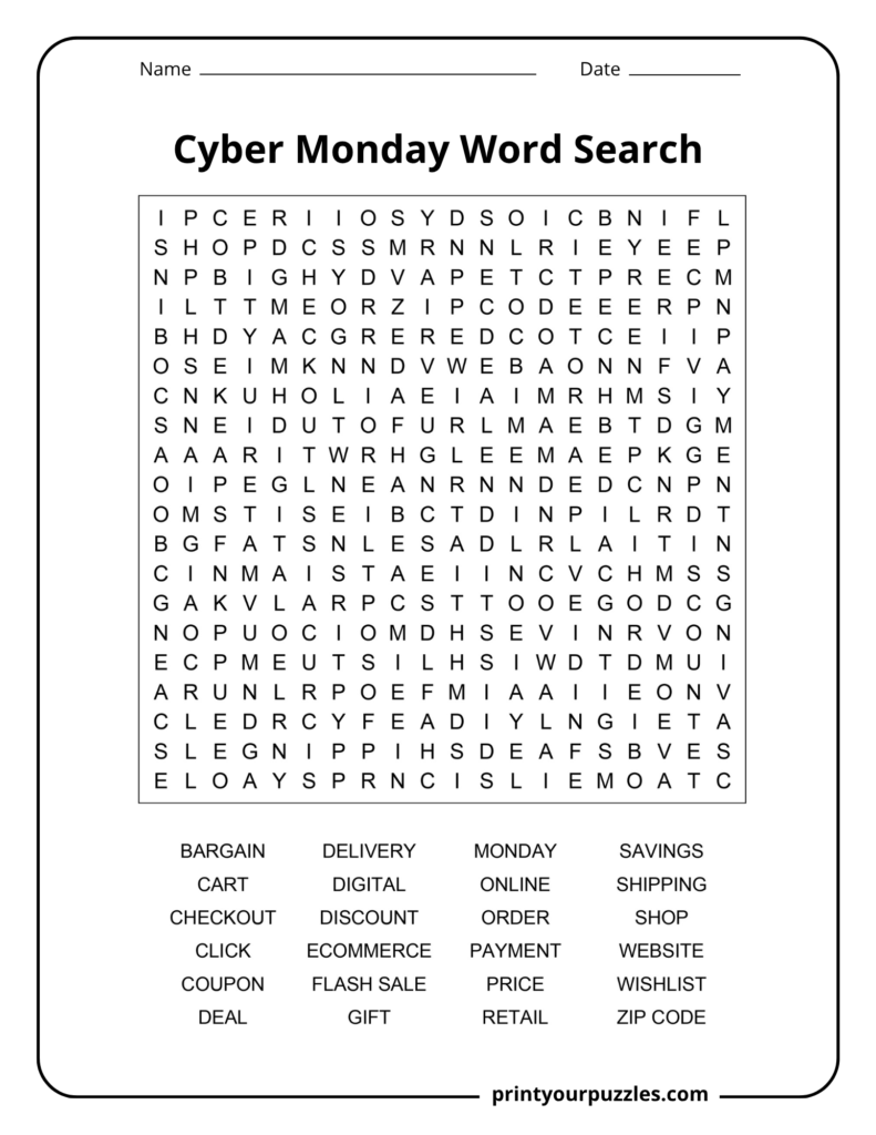 Hard Cyber Monday word search printable with 24 online shopping and retail terms in a challenging 20×20 grid.