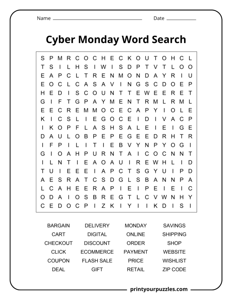Medium Cyber Monday word search printable with 24 online shopping and retail terms in an accessible 18×18 grid.