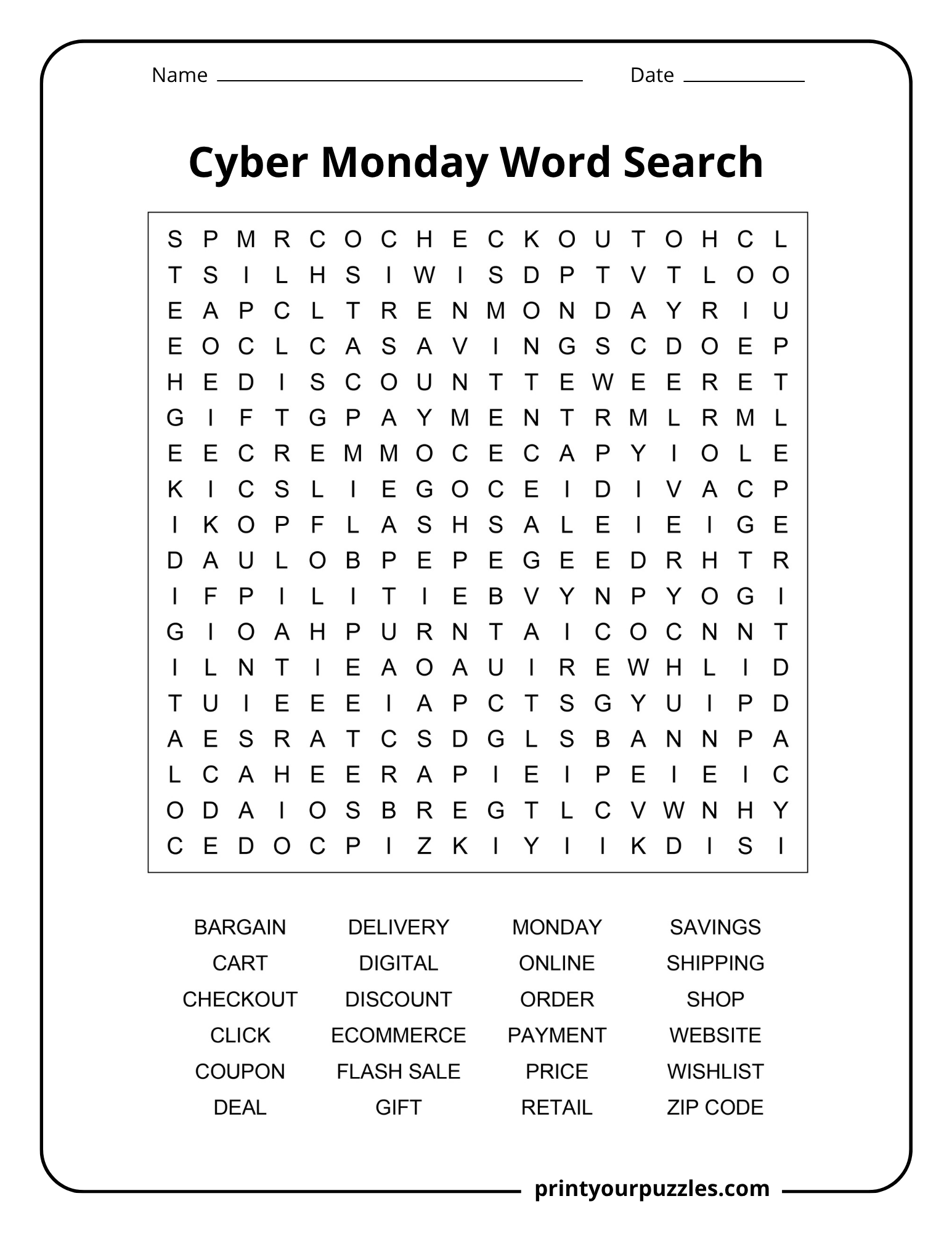 Medium Cyber Monday word search printable with 24 online shopping and retail terms in an accessible 18×18 grid.