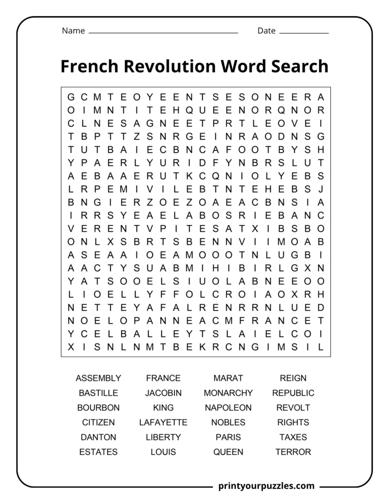 Hard French Revolution word search printable with 24 history terms in a challenging 20×20 letter grid.