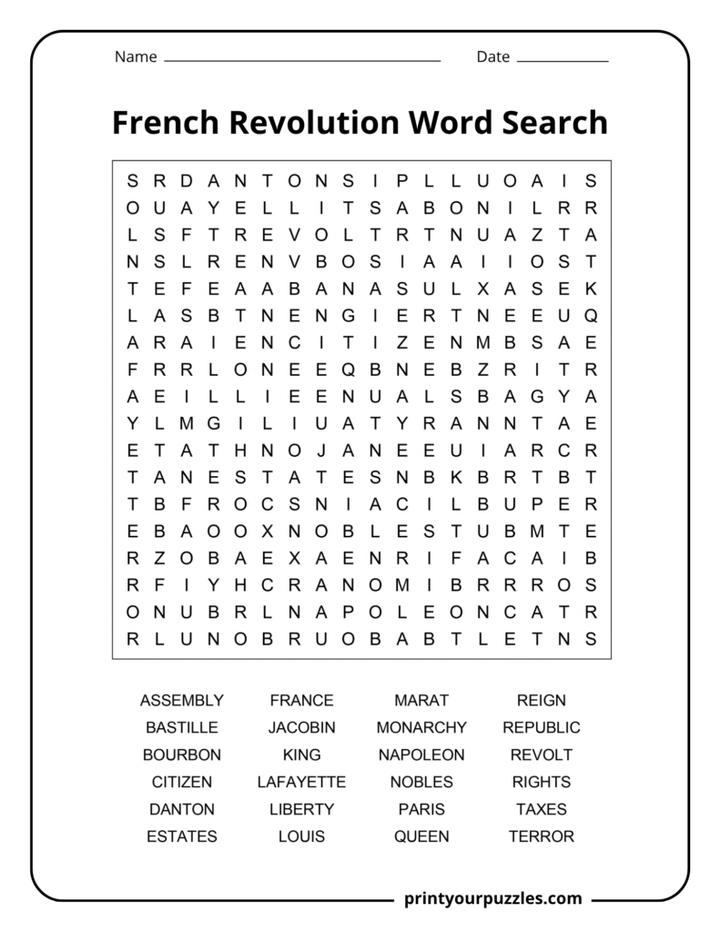 Medium French Revolution word search printable with 24 history terms in an accessible 18×18 letter grid.