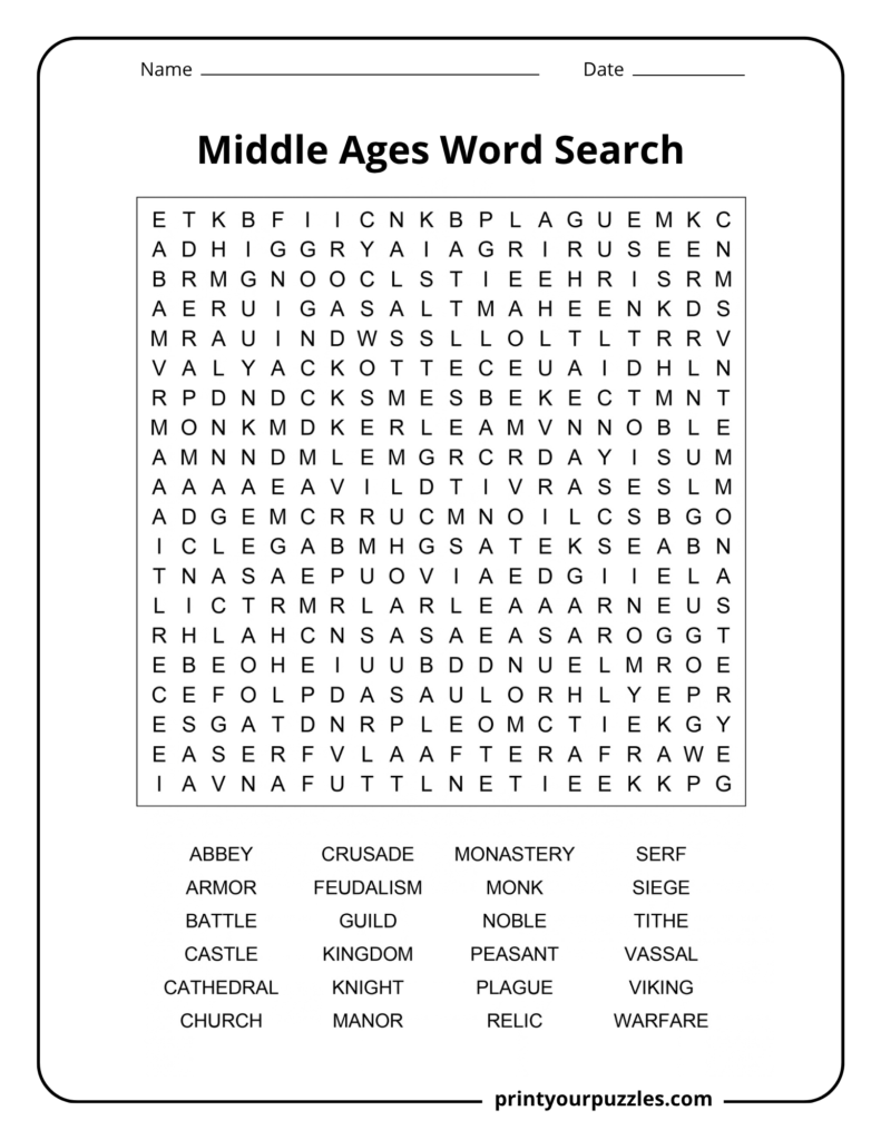 Hard Middle Ages word search printable with 24 medieval history terms in a challenging 20×20 letter grid.