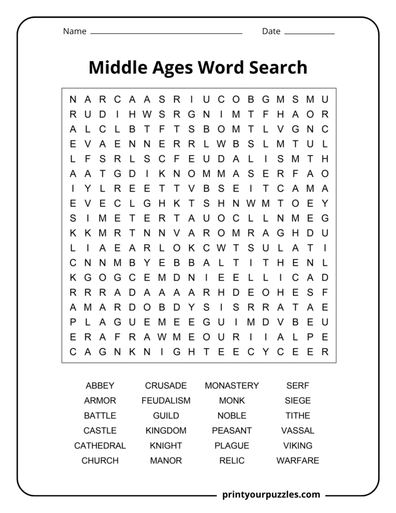 Medium Middle Ages word search printable with 24 medieval history terms in an accessible 18×18 letter grid.