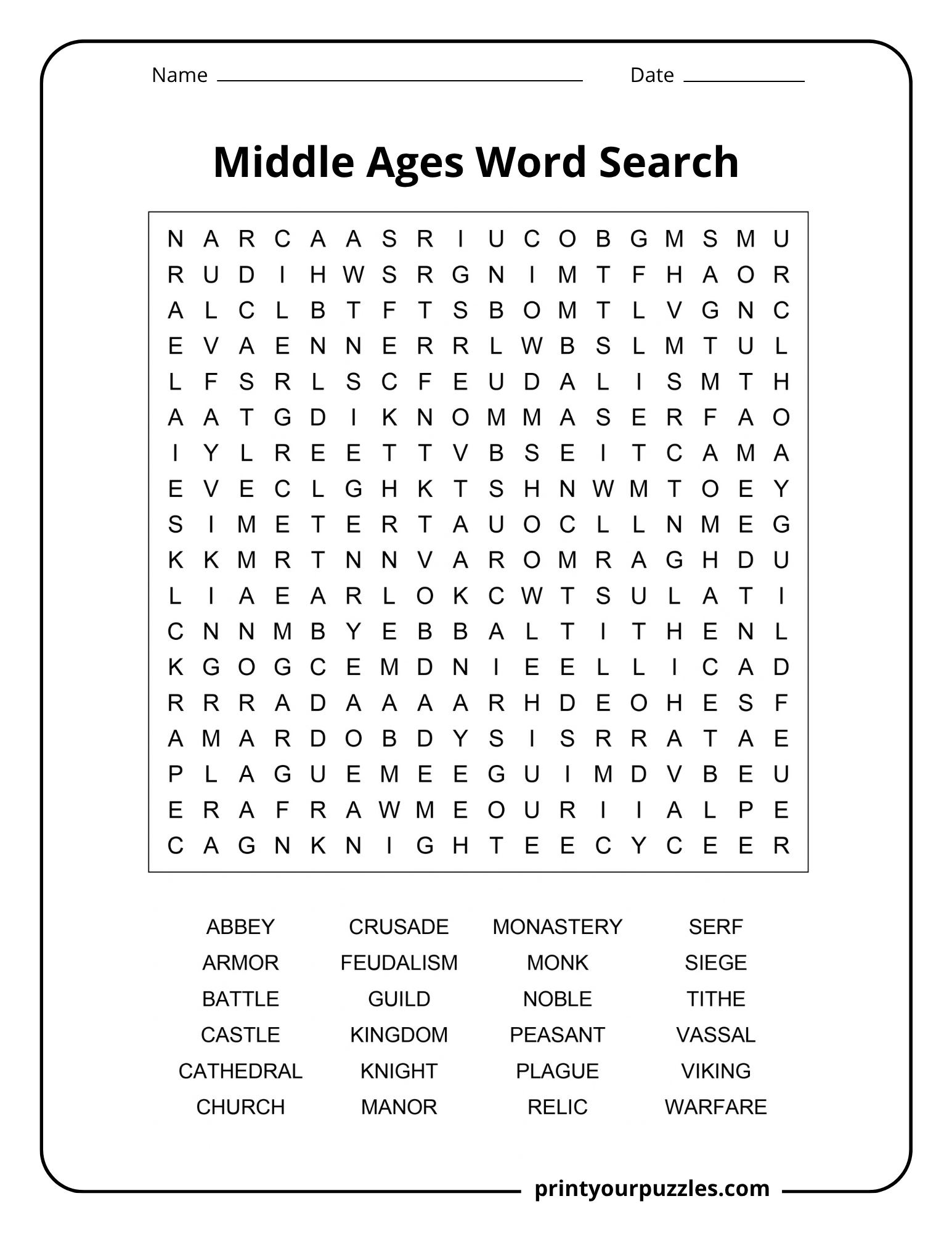 Medium Middle Ages word search printable with 24 medieval history terms in an accessible 18×18 letter grid.