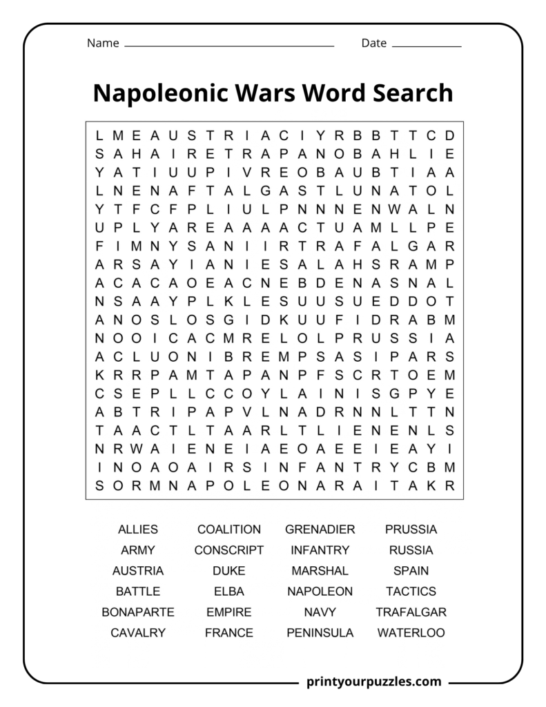 Hard Napoleonic Wars word search printable with 24 European history and battle terms in a 20×20 grid.