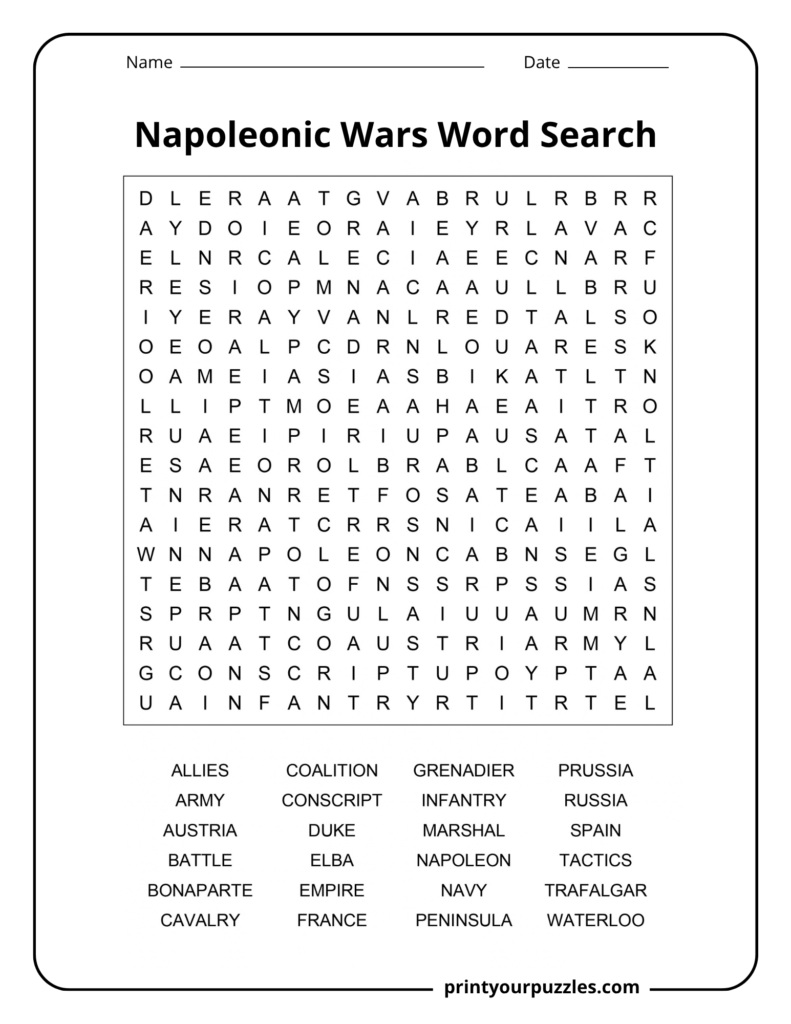 Medium Napoleonic Wars word search printable with 24 European history and battle terms in an 18×18 grid.